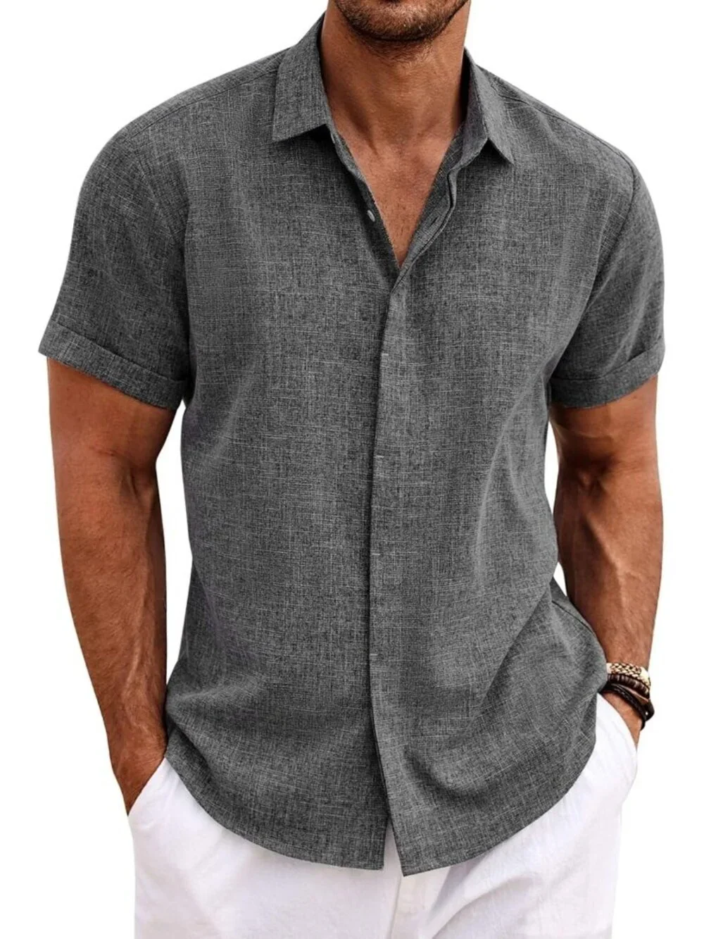 Men's Dark Grey Beach Linen Short Sleeve Casual Wedding Shirts Button Down